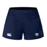 The EMB Canterbury Villanova Rugby Club Women's Advantage Short 2.0 is navy blue with side pockets, a white Canterbury logo on the left leg, and a multicolored crest on the right.