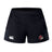 Explore the Vienna Rugby Women's Advantage Short 2.0 by EMB Canterbury, a pair of black athletic shorts adorned with a white logo on the left leg and a vibrant emblem on the right. These shorts incorporate recycled materials, offering an exceptional blend of style and eco-friendly performance sustainability.