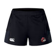 Explore the Vienna Rugby Women's Advantage Short 2.0 by EMB Canterbury, a pair of black athletic shorts adorned with a white logo on the left leg and a vibrant emblem on the right. These shorts incorporate recycled materials, offering an exceptional blend of style and eco-friendly performance sustainability.