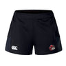 Explore the Vienna Rugby Women's Advantage Short 2.0 by EMB Canterbury, a pair of black athletic shorts adorned with a white logo on the left leg and a vibrant emblem on the right. These shorts incorporate recycled materials, offering an exceptional blend of style and eco-friendly performance sustainability.