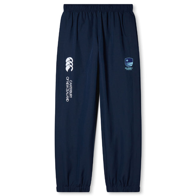 The Rugby VA Cuffed Hem Stadium Pant by EMB Canterbury features a navy blue design, elastic waistband, cuffed hem, and Canterbury and Rugby logos on the upper left leg.