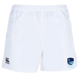 The Rugby VA Professional Polyester Rugby Short by EMB Canterbury is plain white with an elastic waistband, featuring a "Canterbury" logo on the left leg and a "Rugby Virginia" logo on the right.