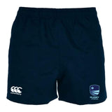 The Rugby VA Professional Polyester Rugby Short by EMB Canterbury is navy blue, features pockets, a Canterbury logo on the left leg, and a Rugby Virginia logo on the right leg.