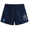 The Rugby VA Tactic Short by EMB Canterbury features an elastic waistband, white logo on the right leg, and blue Rugby Victoria badge on the left—perfect men's rugby or gym shorts.