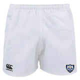 Villanova Rugby Club Advantage Rugby Shorts by EMB Canterbury feature an elastic waistband, moisture-wicking fabric, a Canterbury logo on the left leg, and a blue and white rugby crest on the right leg.