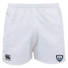 Villanova Rugby Club Advantage Rugby Shorts by EMB Canterbury feature an elastic waistband, moisture-wicking fabric, a Canterbury logo on the left leg, and a blue and white rugby crest on the right leg.