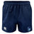 Rugby VA Advantage Rugby Shorts by EMB Canterbury in navy blue feature an elastic waistband, moisture-wicking fabric, the Canterbury logo on the left leg, and a Rugby Virginia logo on the right leg.