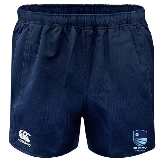 Rugby VA Advantage Rugby Shorts by EMB Canterbury in navy blue feature an elastic waistband, moisture-wicking fabric, the Canterbury logo on the left leg, and a Rugby Virginia logo on the right leg.
