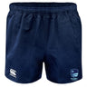 Rugby VA Advantage Rugby Shorts by EMB Canterbury in navy blue feature an elastic waistband, moisture-wicking fabric, the Canterbury logo on the left leg, and a Rugby Virginia logo on the right leg.