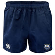 The Villanova Rugby Club Advantage Rugby Shorts by EMB Canterbury feature an elastic waistband, moisture-wicking fabric, a Canterbury logo on the left leg, and the Villanova club crest on the right.