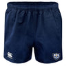 The Villanova Rugby Club Advantage Rugby Shorts by EMB Canterbury feature an elastic waistband, moisture-wicking fabric, a Canterbury logo on the left leg, and the Villanova club crest on the right.