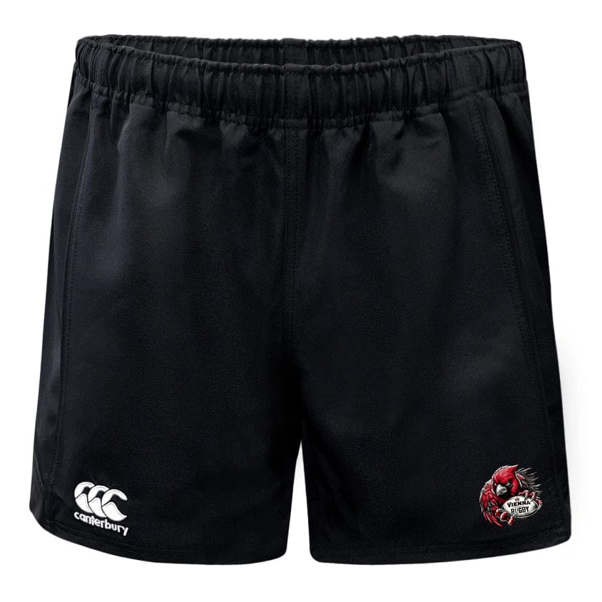 Vienna Rugby Player's Drill Short by EMB Canterbury, featuring an elastic waistband and a stylized dragon design alongside the CCC logo, is crafted for athletes who prioritize sustainable sportswear.
