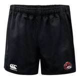 Vienna Rugby Player's Drill Short by EMB Canterbury, featuring an elastic waistband and a stylized dragon design alongside the CCC logo, is crafted for athletes who prioritize sustainable sportswear.