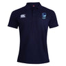 The EMB Canterbury Rugby VA Waimak Polo is a navy blue men's short-sleeve rugby shirt with a white Canterbury logo on the right chest and a blue Rugby Viadana emblem on the left, styled in classic Waimak fashion.