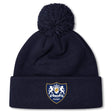 The Villanova Rugby Club Pom Pom Beanie by EMB Canterbury features a cozy navy knit, an embroidered club crest on the front cuff, and a playful pom pom on top.