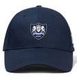 The Villanova Rugby Club Flexfit Drill Cap by EMB Canterbury features a navy blue design with an embroidered crest of two lions and a shield on the front panel.