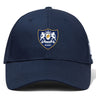 The Villanova Rugby Club Flexfit Drill Cap by EMB Canterbury features a navy blue design with an embroidered crest of two lions and a shield on the front panel.