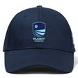 The Rugby VA Flexfit Drill Cap by EMB Canterbury is a navy blue cap with a blue and white shield logo and "RUGBY VIRGINIA" embroidered on the front.