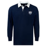 The EMB Mudoo Villanova Rugby Club Classic Long Sleeve Solid Rugby Jersey comes in navy blue with a white collar, long sleeves, and a left chest crest displaying two lions and a book.