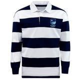The EMB Mudoo Rugby VA Classic Long Sleeve Hooped Rugby Jersey features wide navy and white stripes, long sleeves, and a "Rugby Virginia" logo on the left chest.