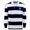 The EMB Mudoo Rugby VA Classic Long Sleeve Hooped Rugby Jersey features wide navy and white stripes, long sleeves, and a "Rugby Virginia" logo on the left chest.