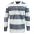 The EMB Mudoo Villanova Rugby Club Classic Long Sleeve Hooped Rugby Jersey features thick white and gray stripes, a white collar with button placket, and a blue crest logo on the left chest for iconic retro style.
