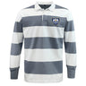 The EMB Mudoo Villanova Rugby Club Classic Long Sleeve Hooped Rugby Jersey features thick white and gray stripes, a white collar with button placket, and a blue crest logo on the left chest for iconic retro style.