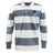 The EMB Mudoo Rugby VA Classic Long Sleeve Hooped Rugby Jersey features wide grey and white stripes, a collar, and a "Rugby Vision" logo on the left chest for an authentic rugby style.
