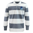 The EMB Mudoo Rugby VA Classic Long Sleeve Hooped Rugby Jersey features wide grey and white stripes, a collar, and a "Rugby Vision" logo on the left chest for an authentic rugby style.