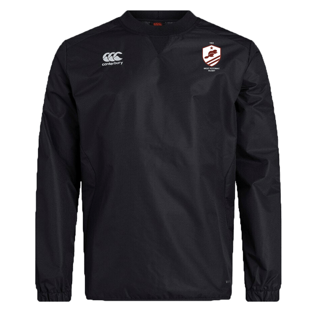 The West Potomac RFC Club Vaposhield Contact Top by EMB Canterbury is a black long-sleeve rugby top with water-repellent Vaposhield, a white Canterbury logo on the right chest, and a red-and-white shield logo on the left.