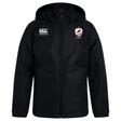 The West Potomac RFC Club Vaposhield Stadium Jacket by EMB Canterbury is a black zip-up hooded jacket with crest logos and padded insulation, shown against a white background.