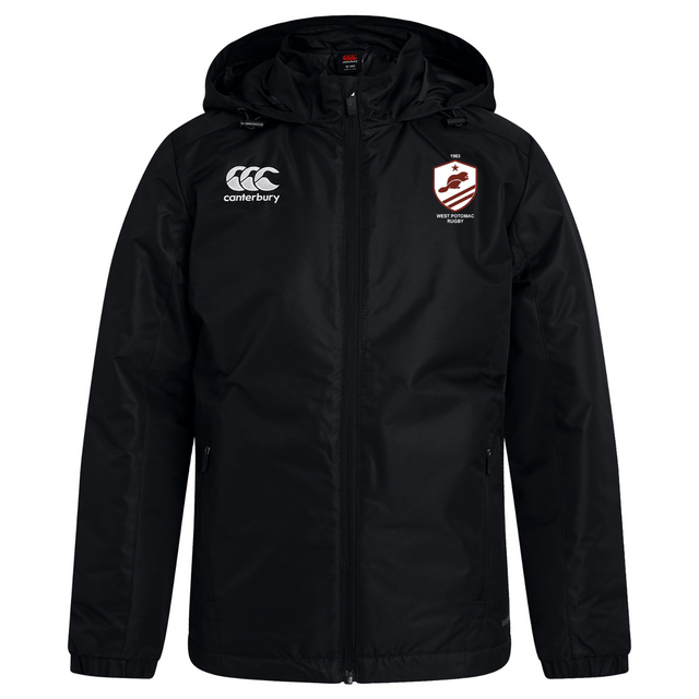 The West Potomac RFC Club Vaposhield Stadium Jacket by EMB Canterbury is a black zip-up hooded jacket with crest logos and padded insulation, shown against a white background.