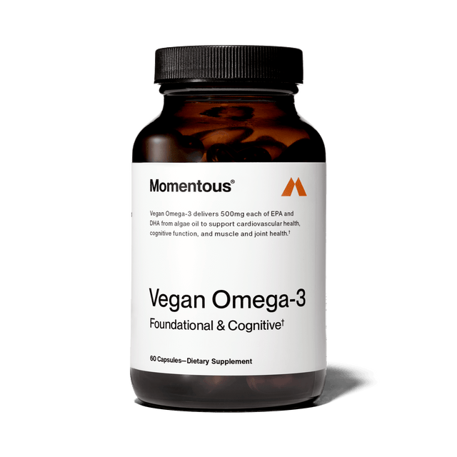 Momentous Vegan Omega-3 by Momentous offers 60 capsules with plant-based omega-3 from algal oil, supporting foundational and cognitive health.