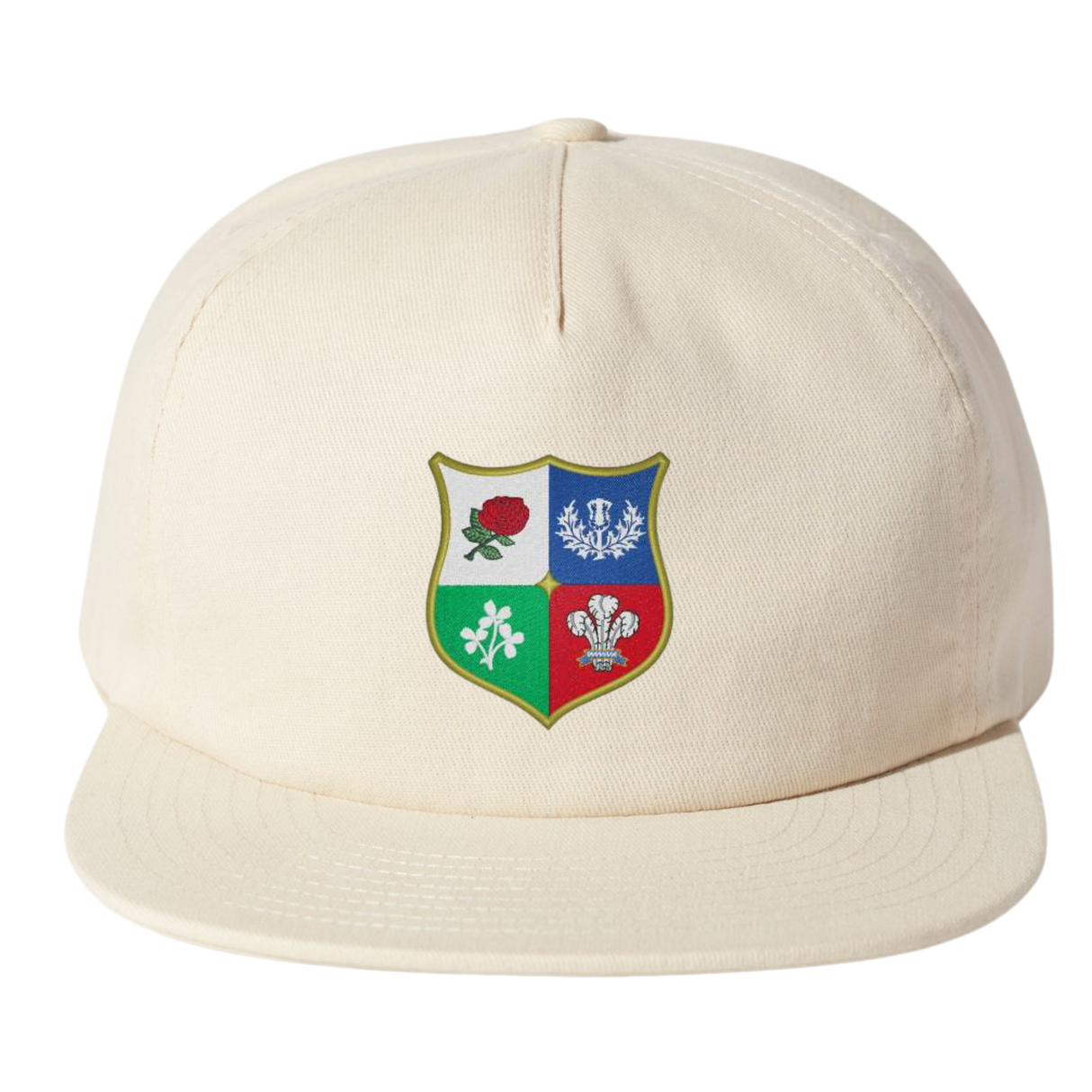 The Nations of Rugby British & Irish Lions Vintage Brushed Cotton Cap by EMB Weld in beige features a vibrant shield emblem with symbols like a rose.