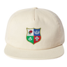 The Nations of Rugby British & Irish Lions Vintage Brushed Cotton Cap by EMB Weld in beige features a vibrant shield emblem with symbols like a rose.