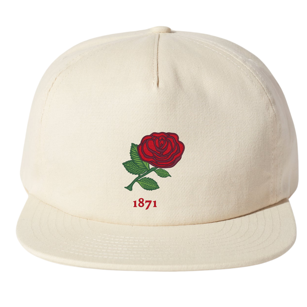 This beige cap from the Nations of Rugby Classics Collection by EMB Weld features a detailed red rose with green leaves and "1871" on the front, embodying the spirit of the England Vintage Rugby Cap.