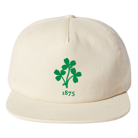 The Nations of Rugby Ireland Vintage Brushed Cotton Cap by EMB Weld boasts an embroidered vintage design with a green clover and "1875" printed below, celebrating rugby's nations. Made from brushed cotton, it's ideal for fans of Ireland's sporting heritage.
