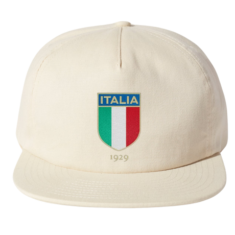 The Nations of Rugby Italy Vintage Brushed Cotton Cap by EMB Weld features an "ITALIA" emblem with green, white, and red stripes above the number "1929," celebrating a vintage rugby design.
