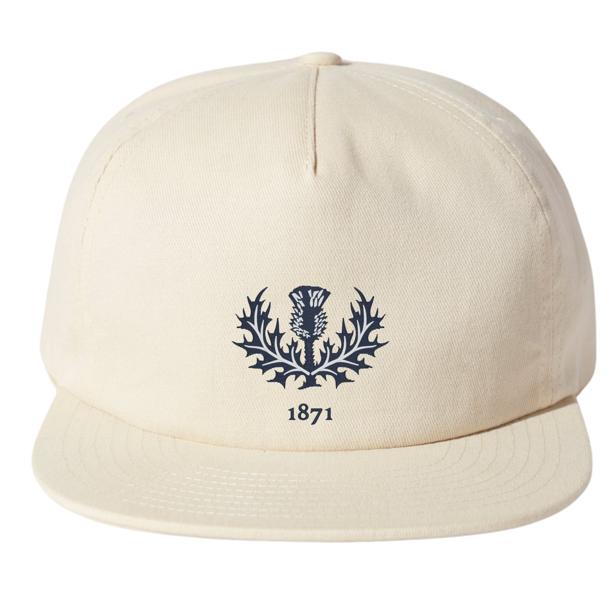 The Nations of Rugby Scotland Vintage Brushed Cotton Cap by EMB Weld features a blue thistle emblem and the number "1871" on the front, with an adjustable snapback closure, perfect for rugby fans.