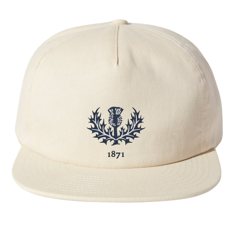 The Nations of Rugby Scotland Vintage Brushed Cotton Cap by EMB Weld features a blue thistle emblem and the number "1871" on the front, with an adjustable snapback closure, perfect for rugby fans.