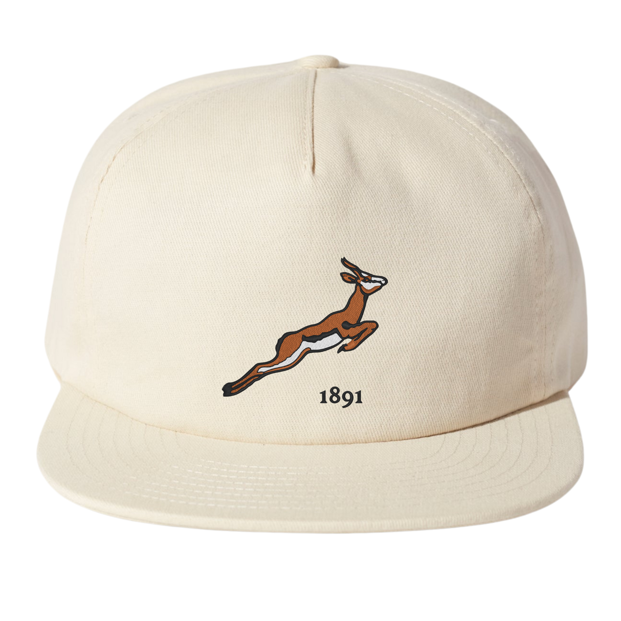 The Nations of Rugby South Africa Vintage Brushed Cotton Cap by EMB Weld is a beige baseball cap with an embroidered leaping antelope and "1891" on the front, offering nostalgic flair and sporty elegance.