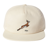 The Nations of Rugby South Africa Vintage Brushed Cotton Cap by EMB Weld is a beige baseball cap with an embroidered leaping antelope and "1891" on the front, offering nostalgic flair and sporty elegance.