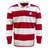 The EMB Mudoo Nations of Rugby Tonga Vintage Hooped Classic Jersey is a red and white striped long-sleeve rugby jersey, featuring a dove with a branch embroidered on the left chest, capturing the iconic vintage style of Tonga's hooped designs.