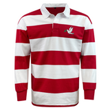 The EMB Mudoo Nations of Rugby Tonga Vintage Hooped Classic Jersey is a red and white striped long-sleeve rugby jersey, featuring a dove with a branch embroidered on the left chest, capturing the iconic vintage style of Tonga's hooped designs.