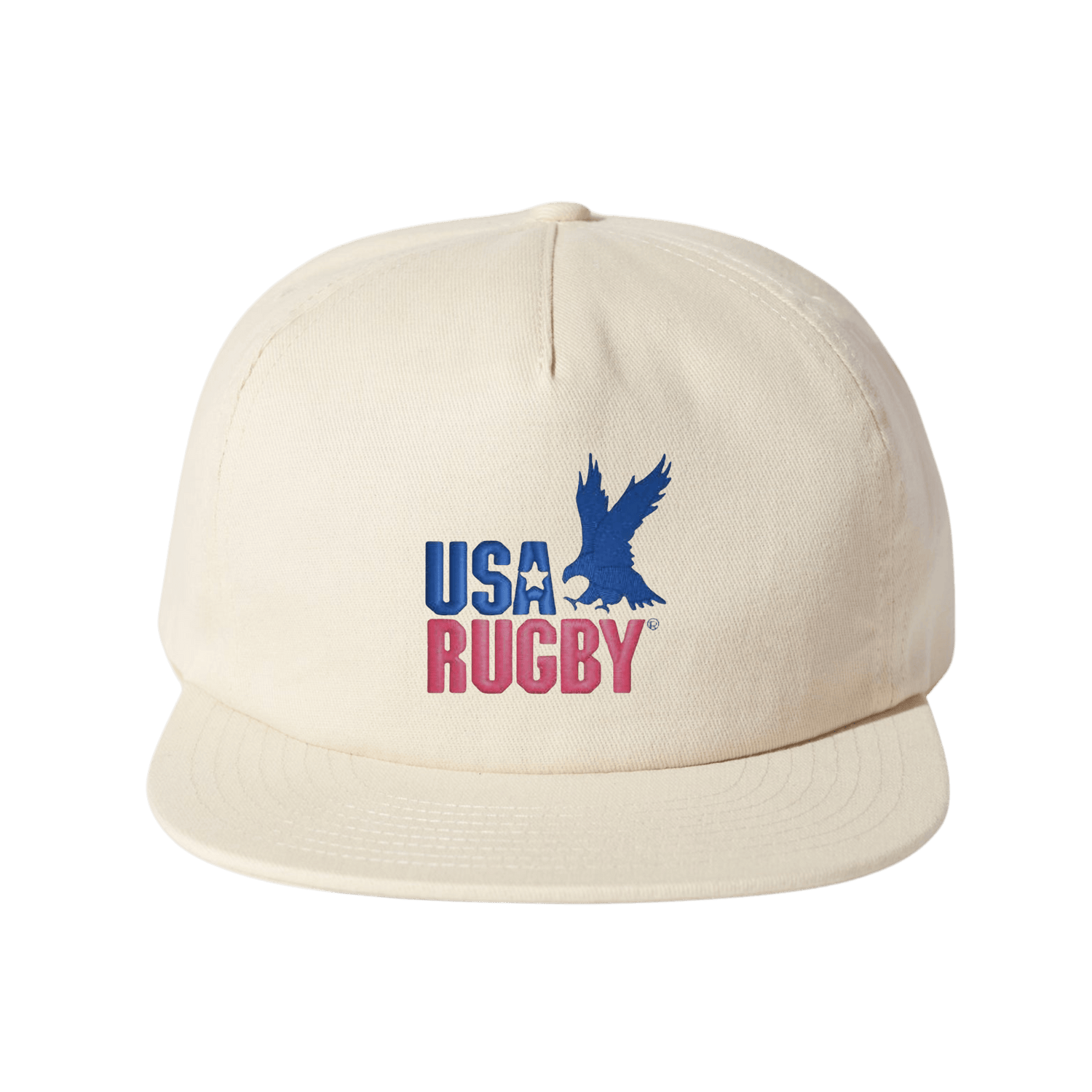 The USA Rugby Throwback Brushed Cotton Cap by EMB Weld is a beige cap made from brushed cotton twill, showcasing "USA RUGBY" and a blue eagle logo on the front, perfect for rugby enthusiasts.