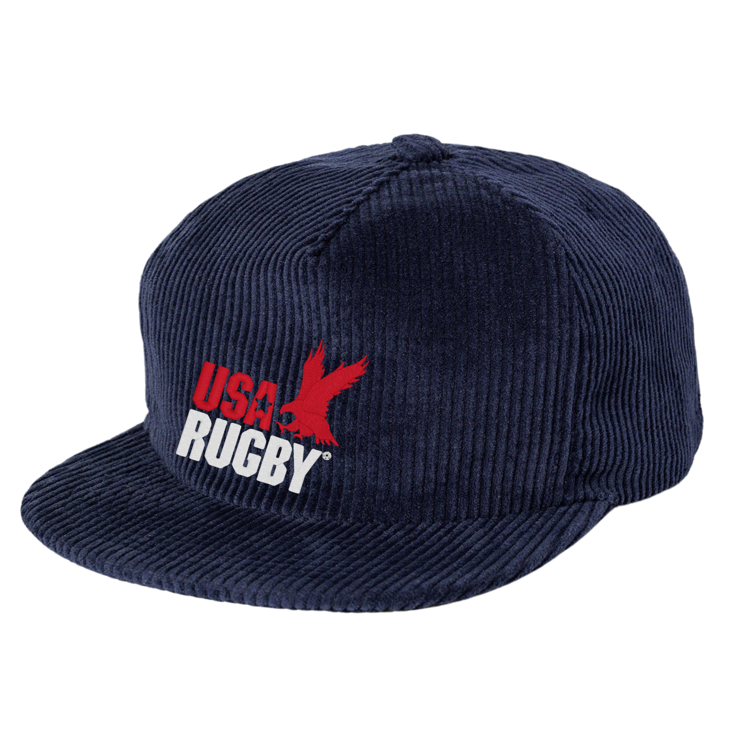 The EMB Weld USA Rugby Throwback Corduroy Hat features a navy blue design with the "USA Rugby" logo and a bold red eagle on the front, part of the Through the Decades Collection.