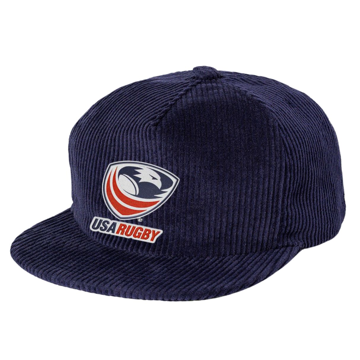 The EMB Weld USA Rugby Crest Corduroy Hat is a vintage-style navy blue cap featuring the official USA Rugby logo on the front panel.