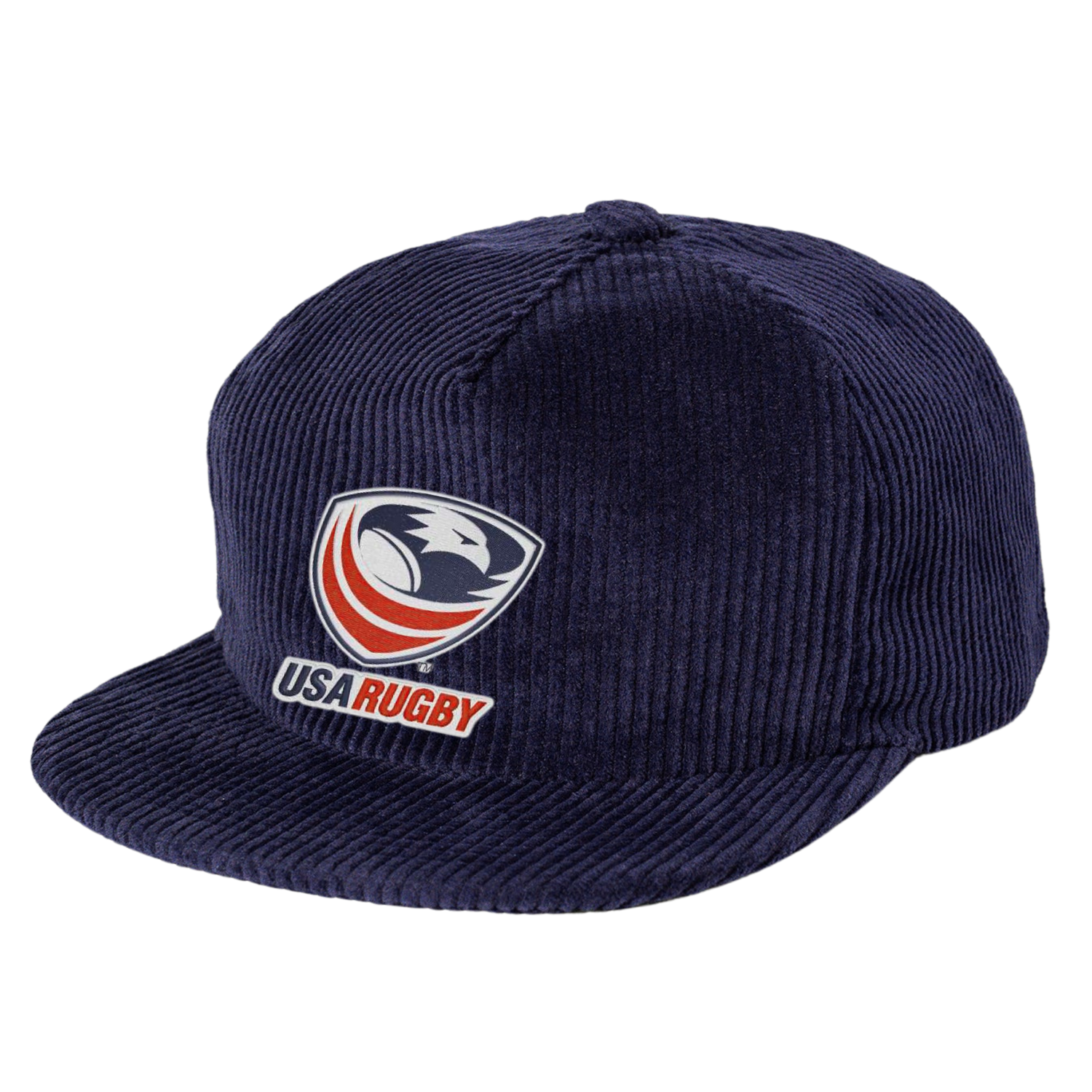The EMB Weld USA Rugby Crest Corduroy Hat is a vintage-style navy blue cap featuring the official USA Rugby logo on the front panel.