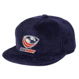 The EMB Weld USA Rugby Crest Corduroy Hat is a vintage-style navy blue cap featuring the official USA Rugby logo on the front panel.