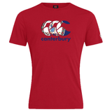 The Canterbury Virginia CCC Flag Club T-shirt by WRS Canterbury is a red short-sleeve rugby tee featuring a bold blue "CCC canterbury" logo and patterned front design.